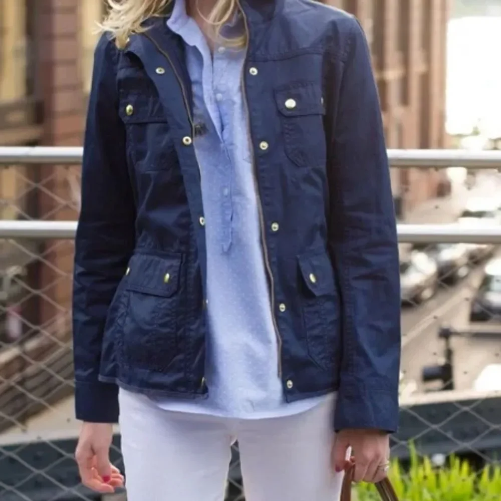 J Crew Navy Blue Gold Snap Waxed Utility Rain Jacket Sz XXS EUC